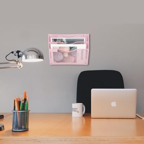 EASEPRES 3 Pocket Mesh Hanging Wall File Organizer, Wall Mounted Mail Paper Document Folder Holder, Clipboard Storage Organization Magazine Rack with Nametag Label for Office Home School, Pink - color: Pink, size: 3 Tier