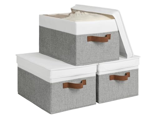 StorageWorks Decorative Storage Boxes with PU Handles, Storage Bins with Lids, Foldable Storage Baskets for Closet, Shelves, Stackable, Gray and White, 3-Pack - color: Gray and White, size: Large
