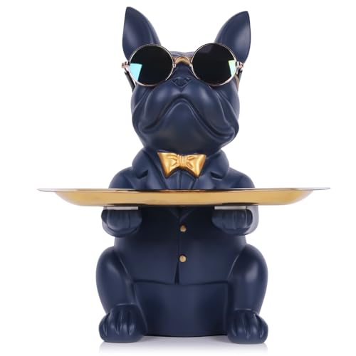 QIANLING Modern Decor Resin Navy Blue Bulldog Statue Tray - Storage Key Holder, Candy, Jewelry, Earrings - Suitable for Home, Dining Table, Office - Modern Art Small Object Tray - color: Navy Blue