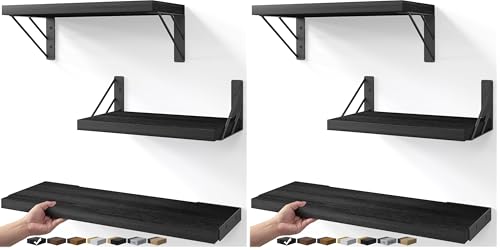 BAYKA Wall Mounted Floating Shelves, Wood Floating Wall Shelf for Books & Decor, Small Space-Saving Display & Organizer（Black，Set of 3） (Pack of 2) - color: A. Black Board & Black Brackets, size: 16-inch Mixed (Pack of 2)