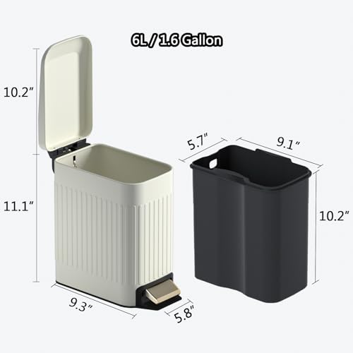 Small Bathroom Trash Can with Lid Soft Close-6L/1.6 Gal Slim Step Garbage Can-Metal Pedal Wastebasket-Narrow Rectangle Garbage Container Bin for Corner Office, Bedroom, Toilet, Live Room-Beige - color: Embossed-Beige