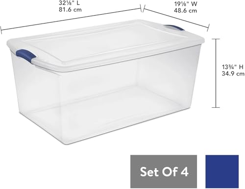 UlovelyM 105 Qt. Latch Box Plastic Storage Bin Tote Organizing Container With Durable Lid, Stackable and Nestable Snap Lid Plastic Storage Bin, 1 Pack, Clear With Blue Buckle