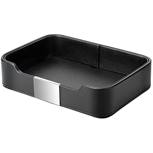 SANZIE Luxury Leather Tray Desktop Storage Catchall Organizer Decorative Tray for Entryway Table to Hold Jewelry Watch Keys Phone Wallet (Metal Silvered, Black) - color: Black (Silver)