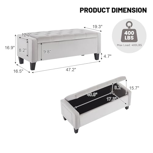 Virabit Velvet Storage Ottoman Bench for Bedroom, End of Bed Bench with Button, Organizer Storage Chest, Upholstered Foot Rest with Legs, Load up to 400 lb, for Bedroom, Living Room, Entryway, Grey - color: Grey
