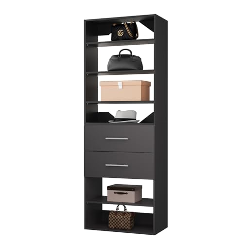 ROOMTEC Modular Closet System, 19.5" 2 Drawer Shelf Closet Tower Wall-Mounted Closet Organizer, Wooden Tower for Walk-In Closets, Wardrobe Storage Kit, Black - size: 19.5" Wide, style: Model 11