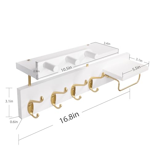 Coat Rack Wall Mount with Shelf, 4 in 1 Wood Coat Hooks with Key and Mail Holder, 17 Inch Entryway Hanging Shelf with Sunglasses Holder and 4 Metal Hooks for Clothes Hats Bag, White and Gold - color: White