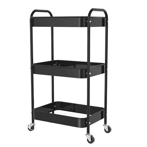 3-Tier Rolling Metal Storage Cart with Wheels, Multi-Functional Organizer for Office, Kitchen, Bathroom, Books Diapers - Easy Assembly (Black) - color: Black