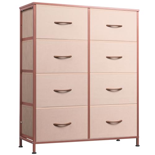 WLIVE Fabric Dresser for Bedroom, Tall Dresser with 8 Drawers, Storage Tower with Fabric Bins, Double Dresser, Chest of Drawers for Closet, Playroom, Dormitory, Pink and Rose Gold - color: Pink and Rose Gold, style: General