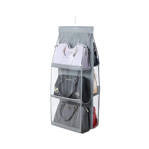 HAN SHENG 6 Pockets Clear Handbag & Purse Organizer Hanging Bag Storage - Space Saving Hanging Shelf for Closet, Wardrobe, Over Door (1 Pack, Grey) - color: Grey, size: 6 Pockets-1pc
