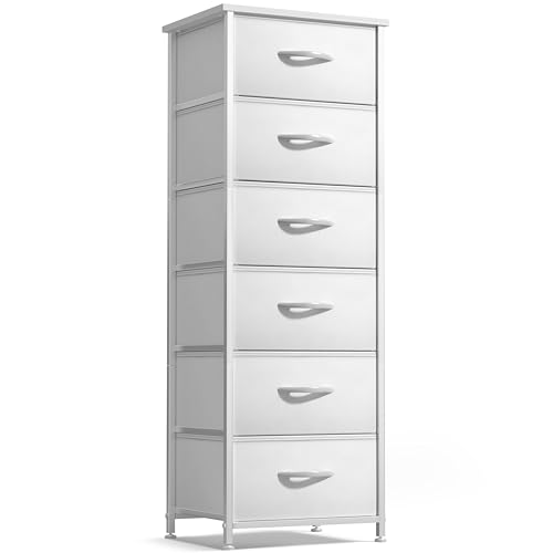 Sorbus Fabric Dresser for Kids Bedroom - Chest of 6 Drawers, Tall Storage Tower, Clothing Organizer, for Closet, for Playroom, for Nursery, Steel Frame, Fabric Bins - Wood Handle (White) - color: White, style: 6 Drawer