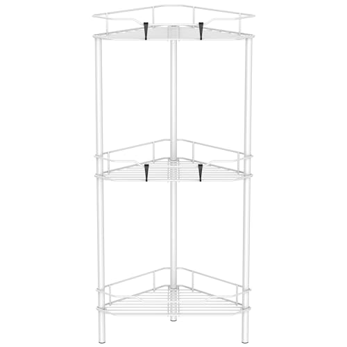 HuggieGems 3 Tier Floor Standing Corner Shower Caddy Organizer Shelf with Hooks, Bathroom Shelves Stand Rack, White - color: White, size: 3 Tier