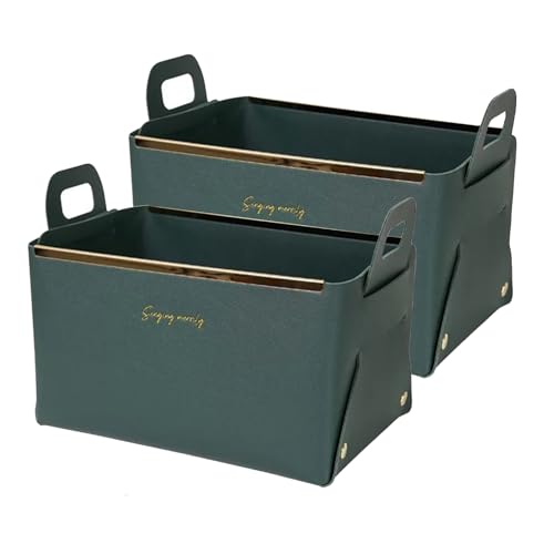 Decorative Faux Leather Basket,Small Catchall Basket for Entryway Bedside Dresser End table,Collapsible Rectangle Tray Organizer Box,Dark Green,2-Pack - color: Dark Green(2-Pack)