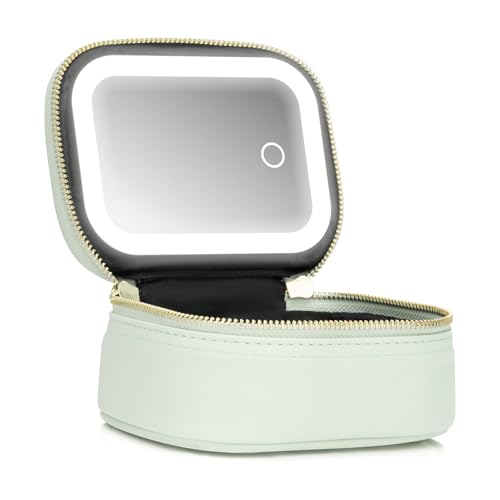 Mini Makeup Bag with Led Mirror, Small Travel Make up Bag 3 Light Modes Adjustable Brightness, for Women Organizer Cosmetic Bag, Portable Travel Train Toiletry Bag, for Pool Parties Work Touch-Ups - color: Mint Green