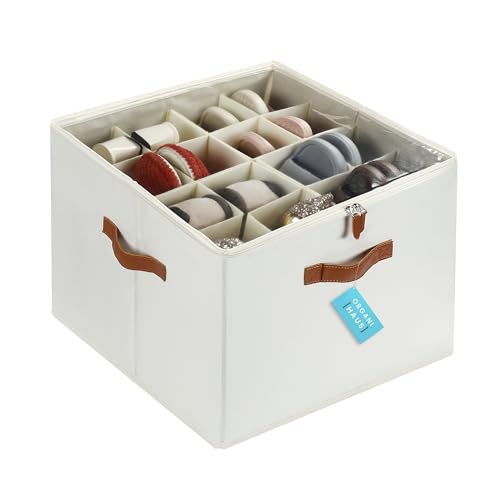 OrganiHaus Large Shoe Storage Bin for Closet, Shoe Organizer Box Fits up to 16 Pairs, Collapsible Fabric Shoe Basket w/Clear Cover, Adjustable Dividers & Reinforced Handles, Off-White - color: Off-White