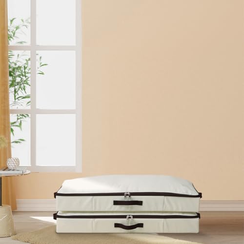 AMJ 2-Pack 4” Height Under-Bed Storage Baskets | Foldable Fabric Drawers for Clothes, Shoes, and Bedding, Beige - color: Beige, 2PCS