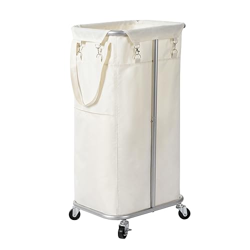 WOWLIVE 100L Rolling Laundry Hamper with Wheels Large Basket Organizer Laundry Cart with Steel Frame and Removable Bag Foldable Tall Dirty Clothes Hamper Dorm Room Storage for Bedroom (Light Beige) - color: Light Beige, size: 100L (17.0×13.0×30.8in)