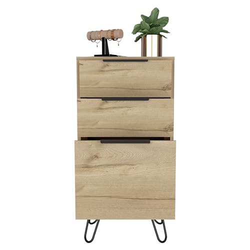 Tuhome Augusta Light Dresser with Three Spacious Drawers, Modern Hairpin Metal Legs, Wide Superior Top for Bedroom Organization, Compact Storage Solution for Small Spaces