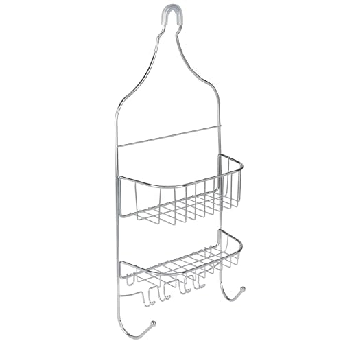 Bath Bliss Design Chrome, Resistant, 2 Tier Contoured Caddy, Over The Shower Head, Rust Proof, Bathroom Organizer with Hooks for Hanging Razor, Sponge, Shampoo Holder (Model: 4662)