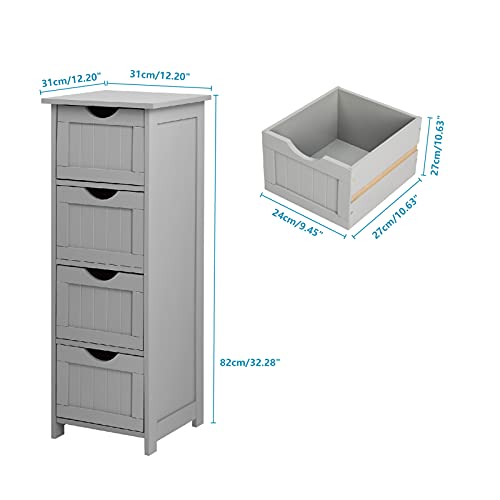 Bonnlo Skinny Bathroom Floor Storage Cabinet, 12 Inch Wide Deep Small Storage Organizer with 4 Drawers, Wooden Modern Grey Thin Free Standing Tower Cabinet w/ 4 Cute Drawers for Bathroom, Living Room - color: Grey