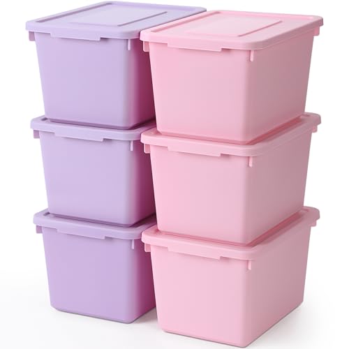 Potchen 6 Pack Cute Plastic Storage Bins with Lids Decorative Stackable Storage Boxes 9.8" ×7.3" ×5.7" Small Storing Totes for Organizing Craft Office Supplies (Pink,Purple) - color: Pink, Purple