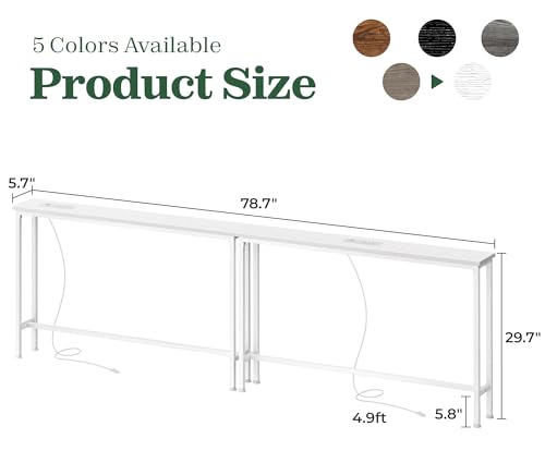 SUPERJARE 5.7 Inch Narrow Console Table with Outlet, Sofa Tables, Total Length 78.8'', Behind Couch Table, Long Entryway Tables with Charging Station, for Living Room, White - color: White, size: 5.7''D x 78.7''W x 29.7''H