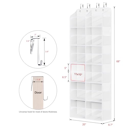 Univivi Over the Door Organizer, 6 Tiers Behind Door Storage with Clear Deep Pockets Hanging Organizer for Closet, Bedroom, Nursery, Bathroom and Sundries (White) - color: White