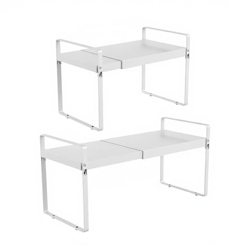 11" Deep Expandable Cabinet Shelf Organizer Riser, 14"-25" Adjustable Cabinet Shelves Rack for Kitchen Pantry Cupboard Under Sink Countertop, 8" High Bottom Layer, White(2 Pack) - size: 2-Pack 11''W