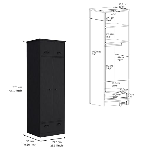 Modern Black Dresser Closet: 1 Door Upper Storage, 2 Shelves, Hanging Tube with 2 Doors, Bottom Drawer - Compact Wardrobe Solution