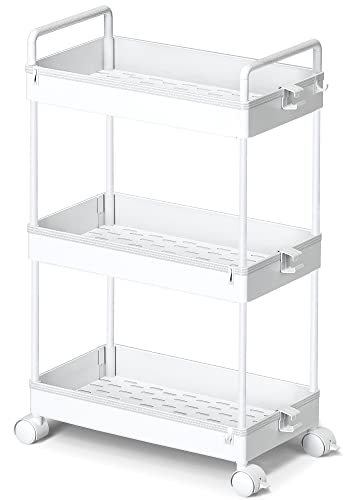 Ronlap 3 Tier Slim Rolling Storage Cart with Wheels Plastic Utility Cart Organizer for Snack Craft Art Postpartum Baby Diaper Nail Makeup in Bathroom Laundry Room Kitchen Bedside Narrow Space, White - color: White