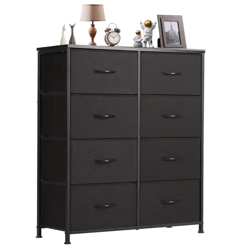 DUMOS Dresser for Bedroom with 8 Drawers, Clothes Drawer Fabric Closet Organizer, Cloth Dresser with Metal Frame and Wood Tabletop Chest Storage Tower for Kids Room, Nursery, Living Room, Entryway - color: Black, size: 12"D x 32"W x 36"H (8 Drawers)
