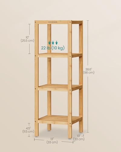 SONGMICS 4-Tier Bamboo Shelf, Narrow Bathroom Shelf, Standing Towel Rack, Corner Rack, for Kitchen, Living Room, Bedroom, Entryway, Bathroom, Natural UBCB54Y - color: Light Bamboo, size: 4 Tiers (13"D x 13"W x 38.6"H)