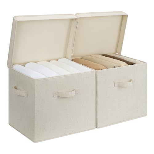 StorageWorks Fabric Storage Bins with Lids, Stackable Closet Storage Boxes with Handles, Decorative Storage Organizers, 15" x11¼x12½, Beige, 2-Pack - color: Beige, size: 15"L x 11¼"W x 12½"H