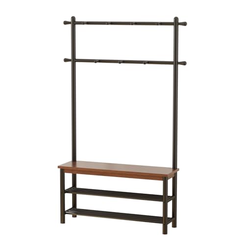 Coat Rack with Shoe Storage, Wood and Metal Frame, Entryway Hall Tree with Bench, Featuring 11 Hooks and 2-Tier Storage Shelves, 3-in-1, Entry Bench with Coat Rack (39.4" Walnut) - size: 100