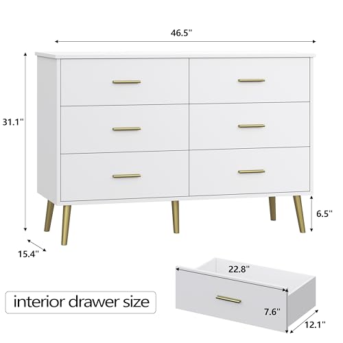 White Dresser for Bedroom, Dressers & Chests of Drawers for Clothes Storage, Wood Dresser for Closet with 6 Drawers, Wide Long Clothes Organizer with LED Light for Hallway, Entryway, Metal Handles - color: White