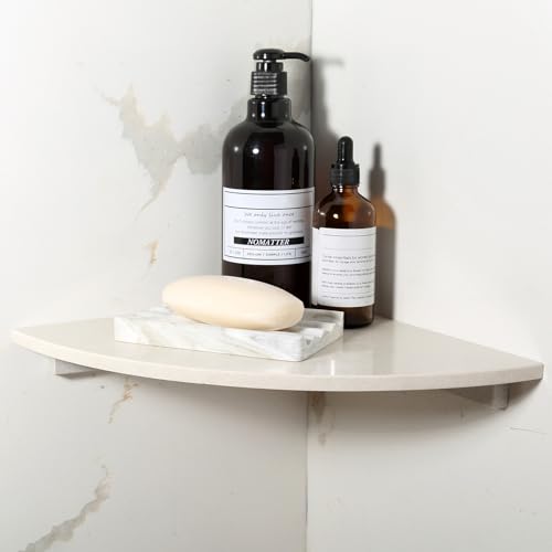Koville Beige Natural Marble Corner Shower Shelf for Bathroom, 10'' Polished Marble Corner Shelves for Bath, Wall Mounted Stone Corner Shower Caddy, No Drilling Adhesive Shower Shelf - Rigel Yellow - color: Rigel Yellow, size: 1-Layer