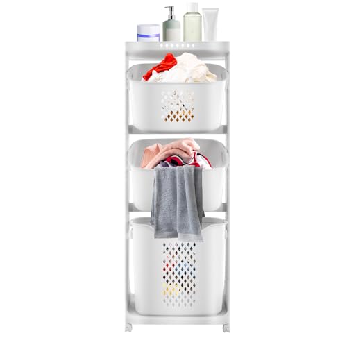TFCFL 3-Tier Laundry Hamper Sorter Laundry Basket with Wheels, Rolling Laundry Hamper Cart with Wheels, Removable Rolling Laundry Baskets, Bathroom Cart for Dirty Clothes