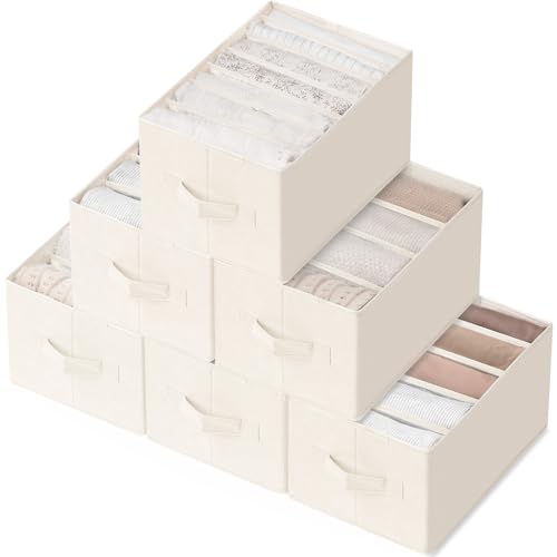Criusia 6 Pack Large Clothes Organizer, Wardrobe Closet Organizer and Storage with Handles, Foldable Fabric Closet Organizers Dividers for Clothing, Pants, Jeans, Sweater, T-shirts, Beige - color: Beige