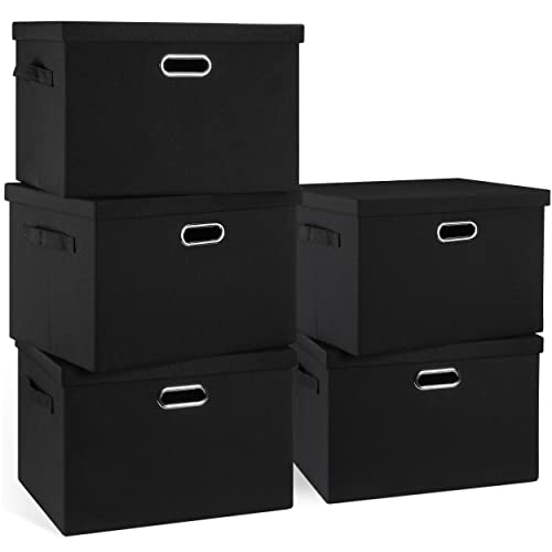 Graciadeco Large 17" 36 Quart Collapsible Stackable Storage Bins with Lids, 5 Packs Black Linen Fabric Closet Boxes with Lids, Storage Cube Baskets Container Organizers for Bedroom Office(17 x12 x11) - color: Black, size: Large -5 Pack