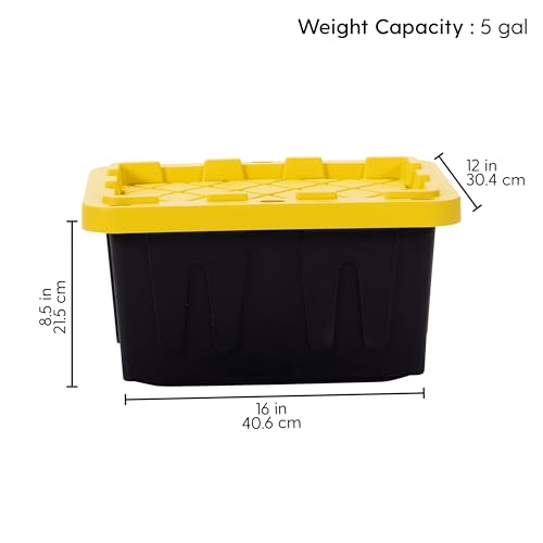 Plastic 5-Gallon Storage Tote with Lockable Lid, Stackable Tough Regular-Duty Bin for Garage, Tools, and Home Organization (4-Pack) - Black and Yellow - size: 5-Gallon (4-Pack)