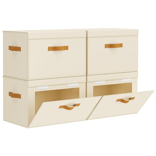 Homsorout Large Storage Bins with Lids - Front Opening Fabric Storage Bins, Flap Closet Organizer with Handles, Collapsible Boxes with Lid, Decorative Basket for Home, Dorm, 4 Pack, Beige - color: Beige, size: 16.5 Inch-4 Pack