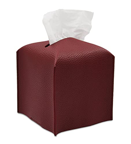 Livelab Tissue Box Cover Holder, Square Modern Decoration PU Leather Facial Tissues Case Roll Paper Dispenser for Bathroom Vanity Countertop, Night Stands, Office Desk Car 5X5X5'' | Wine Red - color: Wine Red