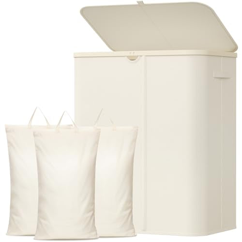 Lifewit 185L Large 3 Section Laundry Hamper with Lid, Plastic Laundry Basket with Bamboo Handles and Removable Bags, Tall Foldable Clothes Hamper for Bathroom Bedroom, White - color: White