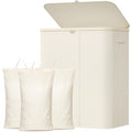 Lifewit 185L Large 3 Section Laundry Hamper with Lid, Plastic Laundry Basket with Bamboo Handles and Removable Bags, Tall Foldable Clothes Hamper for Bathroom Bedroom, White - color: White