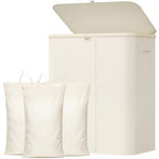 Lifewit 185L Large 3 Section Laundry Hamper with Lid, Plastic Laundry Basket with Bamboo Handles and Removable Bags, Tall Foldable Clothes Hamper for Bathroom Bedroom, White - color: White