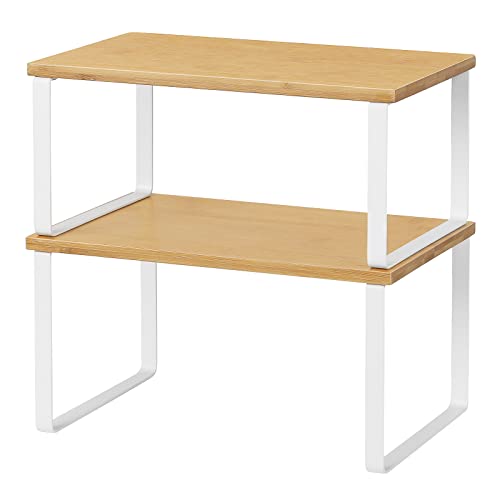 NEX Cabinet Organizer Shelf, Set of 2 Stackable Kitchen Counter Shelves, Expandable Spice Rack Pantry Organizers Cupboard Storage, Bathroom Desk Risers, Bamboo and Metal - color: Cloud White + Natural Beige, size: 11.7''W