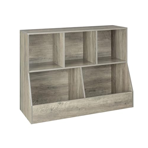 DINZI LVJ Toy Storage Organizer, Kids Bookshelf, Wood Toy Storage Cabinet, 5 Cubby Children Bookcase, 39.4" L Toddler Book Shelf for Playroom, Living Room, Nursery, Hallway, School, Gray Wash - color: Gray Wash, size: 2-Tier 39.4"