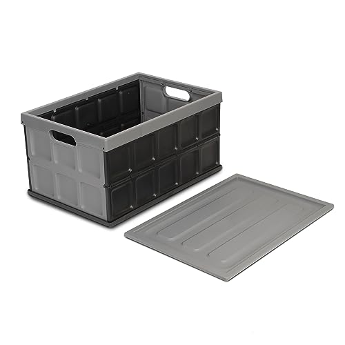 Glad Collapsible Storage Bin with Lid - 48L Foldable Plastic Box for Garage, Car Trunk, and Organization - Stackable Lidded Container with Handles, Grey - color: Grey