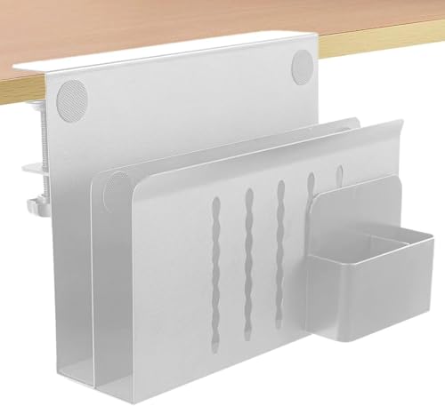 2 Tier Desk Side Storage, Under Desk Laptop Holder with Magnetic Pen Holder, Clamp on Table Organizer, No Drill Hanging Table Organizer for Office and Home Fits Flat Edge 0.3" to 2.3" - color: White 2 Tier