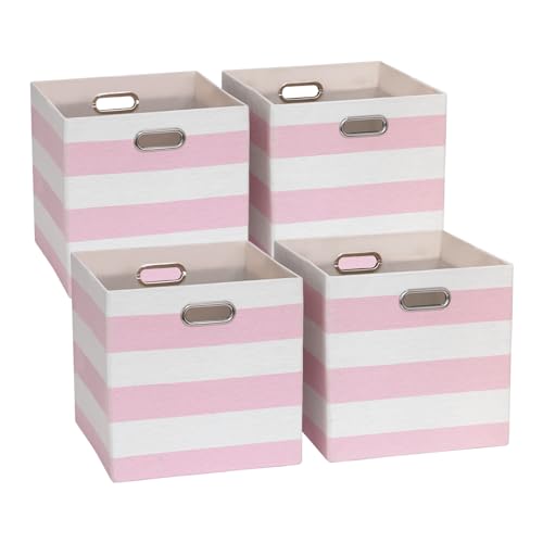 11 x 11 x 11 Inch Storage Bins, Collapsible Fabric Cubes, Cubby Organizer Bins Striped Container Baskets for Home Office Wardrobe Closet Shelf, Pack of 4, Pink/White - color: Pink/White, size: 11"x11"x11"