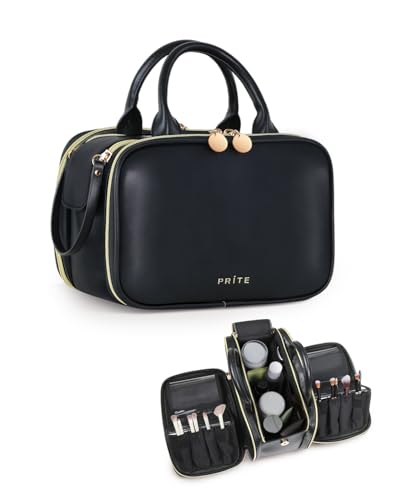 Prite Makeup Bag for Women, Large Capacity Waterproof Travel Cosmetic Organizer, Portable Open Flat Toiletry Bag with Free-standing Brush Holder and Handle(Black Large) - color: Black, size: Large